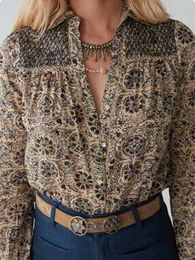 Maison Hotel Phoebe Blouse - Navy Blue Block Print